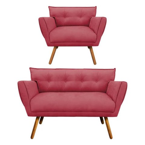 Kit Namoradeira e 01 Poltronas Anitta Suede Pés Palito - D'Rossi - Rose