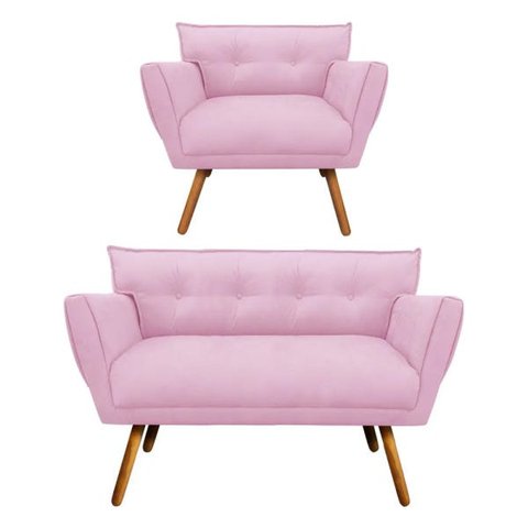 Kit Namoradeira e 01 Poltronas Anitta Suede Pés Palito - D'Rossi - Rosa Bebê