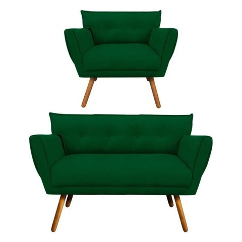 Kit Namoradeira e 01 Poltronas Anitta Suede Pés Palito - D'Rossi - Verde