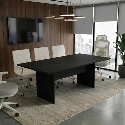 Mesa de Reunião Retangular Executiva Pé Painel Moderno MDP 200cm Preto F5 Office
