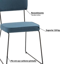 Cadeira Roma em Linho com Pés Aço Preto - Azul Jeans - 3