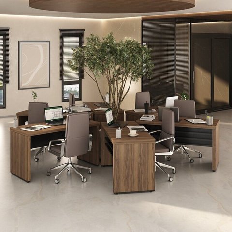 Conjunto Mesa Escritório Tamburato 1400 para 6 Pessoas Marrom/Nogal/Preto Artany
