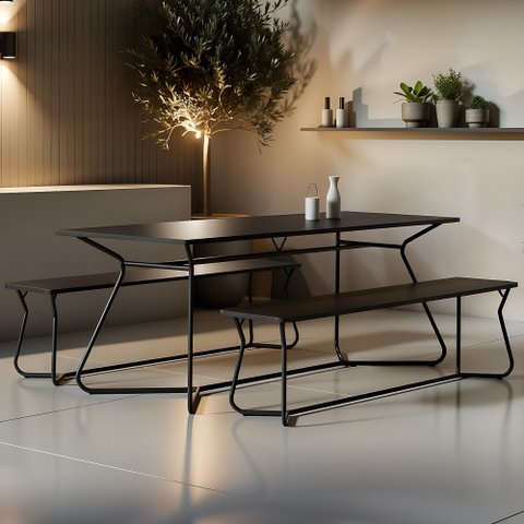 Conjunto de Mesa Retangular com 2 Bancos Retrô para Área Gourmet 180x90cm Varetas Preto