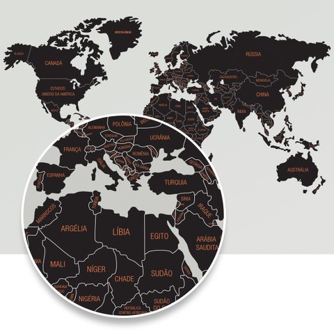 Mapa-Múndi adesivo para parede - Preto com nomes laranja - 140x78