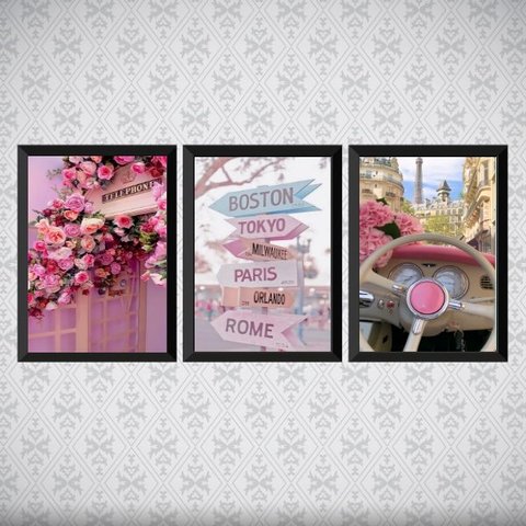 Kit 3 Quadros Femininos Fashion Rosa Cidades 33x24cm - com vidro:Madeira branca