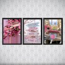 Ver imagem 1 de Kit 3 Quadros Femininos Fashion Rosa Cidades 33x24cm - com vidro:Madeira branca