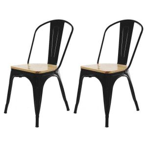 Kit 2 Cadeiras Tolix Iron Industrial Preta Assento de Madeira