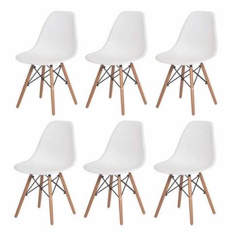 Kit 6 Cadeiras Charles Eames Eames Eiffel Branco Base Madeira