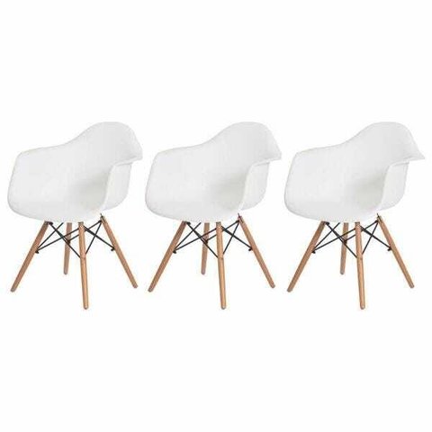 Kit 3 Cadeiras Charles Eames Eiffel com Braço Branca Base Madeira