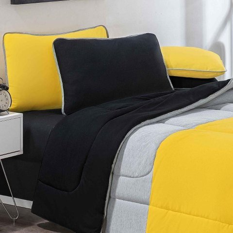 Kit Edredom + Jogo de Lençol Malha 100% Algodão Urbano 7 Peças Queen - Amarelo-mescla-preto