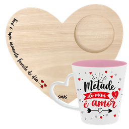 KIT CANECA DROP CORACAO BICOLOR ROSA + BANDEJA CORACAO - METADE DE MIM - 1