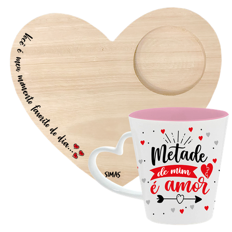 KIT CANECA DROP CORACAO BICOLOR ROSA + BANDEJA CORACAO - METADE DE MIM