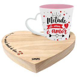 KIT CANECA DROP CORACAO BICOLOR ROSA + BANDEJA CORACAO - METADE DE MIM - 2