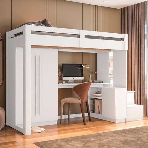 Cama Alta Office Adulto com Roupeiro e Escrivaninha Moon Yescasa