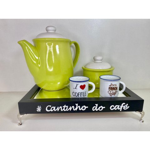 Bandeja Cantinho do Café com Pés de Metal e Espelho 20x30cm:preta/dourado