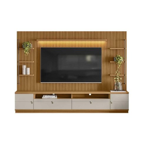 Home P/ Tv até 75 Pol Ouro Preto Ripado C/ 2gav. 2ptas. 4prat. e Leds 224x198cm Nature/off White -