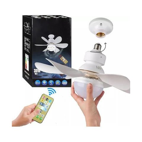 Super Ventilador de Teto 30w com Lâmpada Led Controle para Bocal E27 Pás Branco