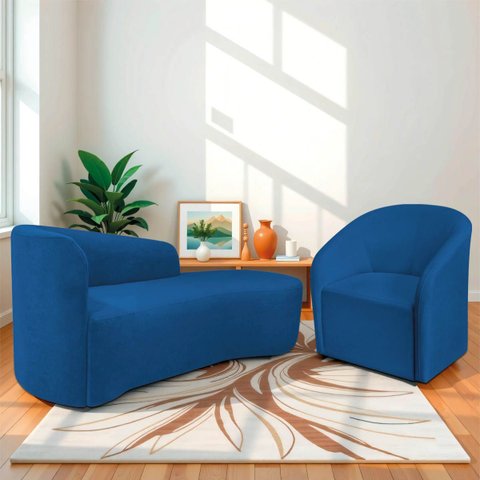 Kit Sofá Curvo França 140cm Ld. e Poltrona Luiza Max Conforto, Elegância e Design Moderno Linho