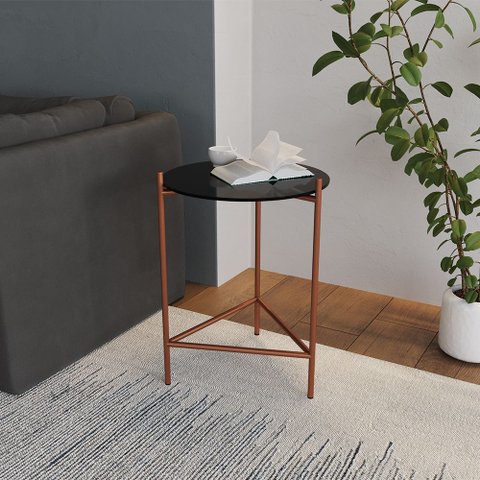 Mesa Lateral Gabriela Wood Tampo Madeira Pés Cobre para Sala Quarto Sofá e Decor - Cobre/preto