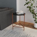 Ver imagem 1 de Mesa Lateral Gabriela Wood Tampo Madeira Pés Cobre para Sala Quarto Sofá e Decor - Cobre/preto