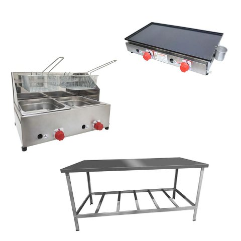 Kit Lanchonete Mesa de Manipulação 190x70cm + Fritadeira a Gás 2 Cuba + Chapa a Gás 60cm