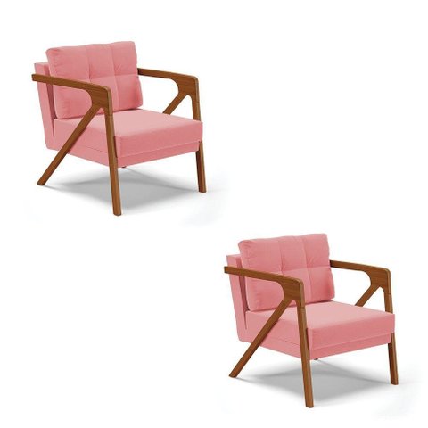 Kit 02 Poltronas Melissa Suede Base De Madeira Castanho Rose