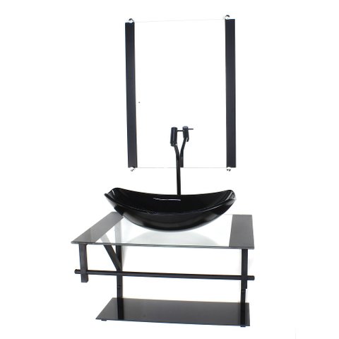 GABINETE DE VIDRO PARA BANHEIRO 60CM AP CUBA OVAL CHANFRADA PRETO COM TORNEIRA PRETA