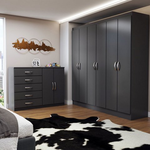 Guarda-roupa Luna 6 Portas 2 Gavetas com Cômoda 2 Portas 5 Gavetas Preto - Panorama Móveis