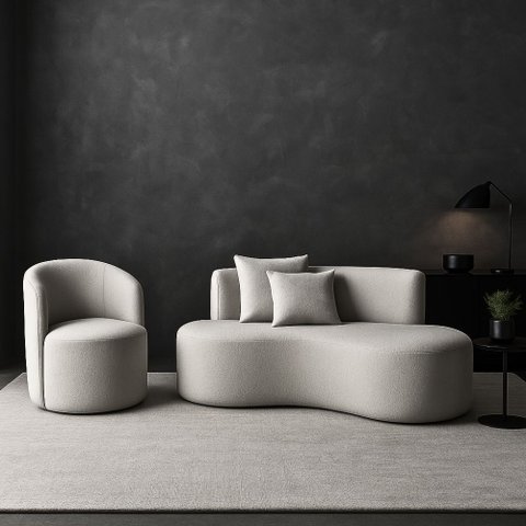 Conjunto 01 Poltrona + Sofá Curvo Orgânico Nature Gaia Boucle Cinza Claro - Montanaris Decor