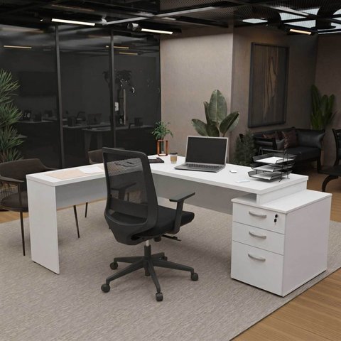Conjunto Mesa Pedestal em L + Cadeira de Escritório Ergonômica Netmobil