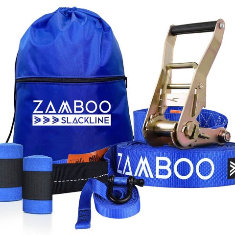 Slackline Zamboo Actionline 20m Azul com Catraca Reforçada Backup Protetores e Bolsa Coordenação Equ