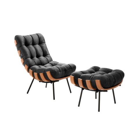 Poltrona Costela com Puff Coral Vivaro Decor Suede Cinza