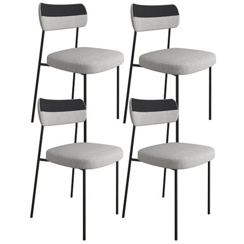 Kit 04 Cadeiras Decorativas Estofada Sala de Jantar Melina F01 Linho Cinza Couríssimo Preto - Lyam