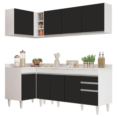 Armário de Cozinha Modulado de Canto Direito 4 Peças Cp41 Balcão com Tampo Branco-preto - Lumil