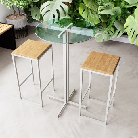 Conjunto Mesa Alta Bar Bistrô Redonda Vidro 2 Bancos Pinus Industrial White Don Castro Decor Industr