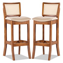 Kit 2 Banquetas Alta em Madeira Imbuia Estofada Portugal Linho Bege M58 - 1