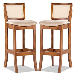 Kit 2 Banquetas Alta em Madeira Imbuia Estofada Portugal Linho Bege M58