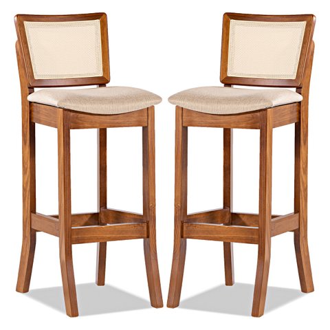 Kit 2 Banquetas Alta em Madeira Imbuia Estofada Portugal Linho Bege M58
