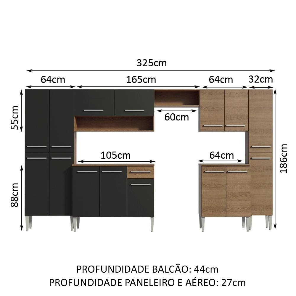 Armário de Cozinha Completa 325cm Rustic/Preto Emilly Joy Madesa 01 - 3