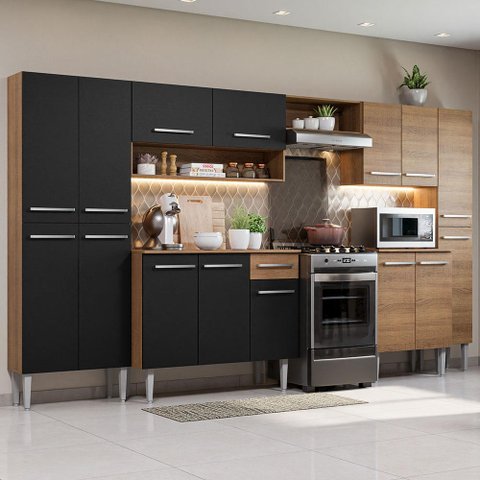 Armário de Cozinha Completa 325cm Rustic/Preto Emilly Joy Madesa 01