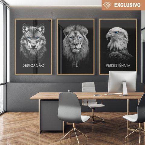 Kit 3 Quadros Decorativo Dedicação, Fé e Persistência Preto e Branco Sala Quarto Casa Escritório