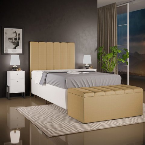 Kit Cabeceira Cama Box Solteiro 100cm com Calçadeira Baú Dália W01 Linho Bege Escuro - Lyam