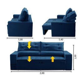 Sofá Retrátil e Reclinável 3 lugares com Molas 2,00m Lais Suede Azul Adonai Estofado - 2