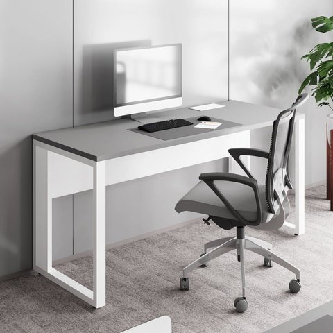 Mesa Plataforma Individual com Caixa de Tomadas Pés Metal 120cm Industrial Executive Cinza Sagrado e Branco