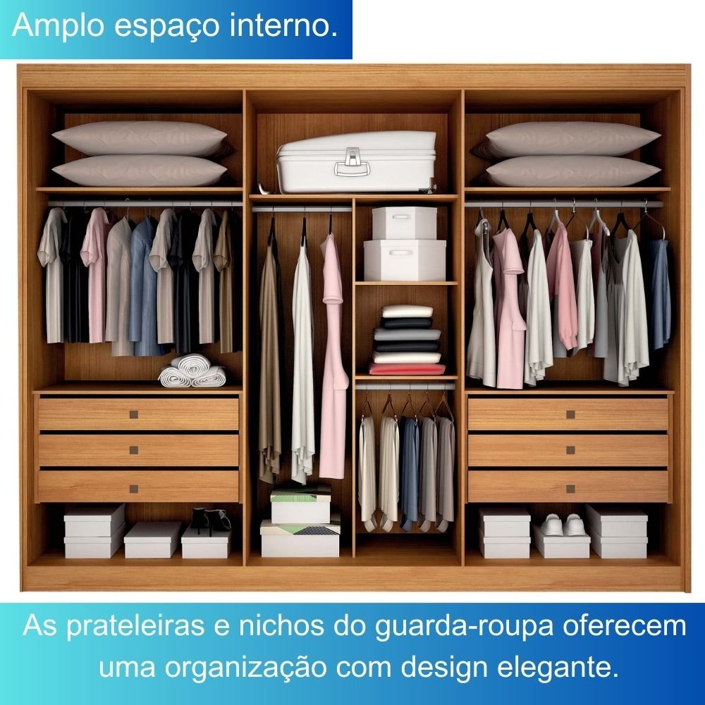 Guarda Roupa Casal 3 Portas 6 Gavetas com Espelho Central São Paulo - Leifer Móveis: Cinamomo/off - 5