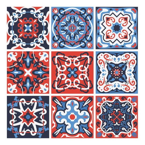Papel de Parede Azulejo Português Vermelho e Azul - 2,5x0,5m
