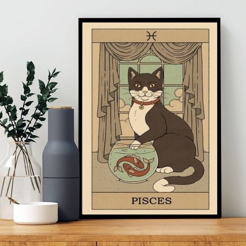 Quadro Carta Tarot Gato Signo Peixes 33x24cm - com Vidro:madeira Branca