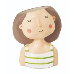 Vaso em Poliresina Menina de Vestido Listrado Verde e Branco - 1