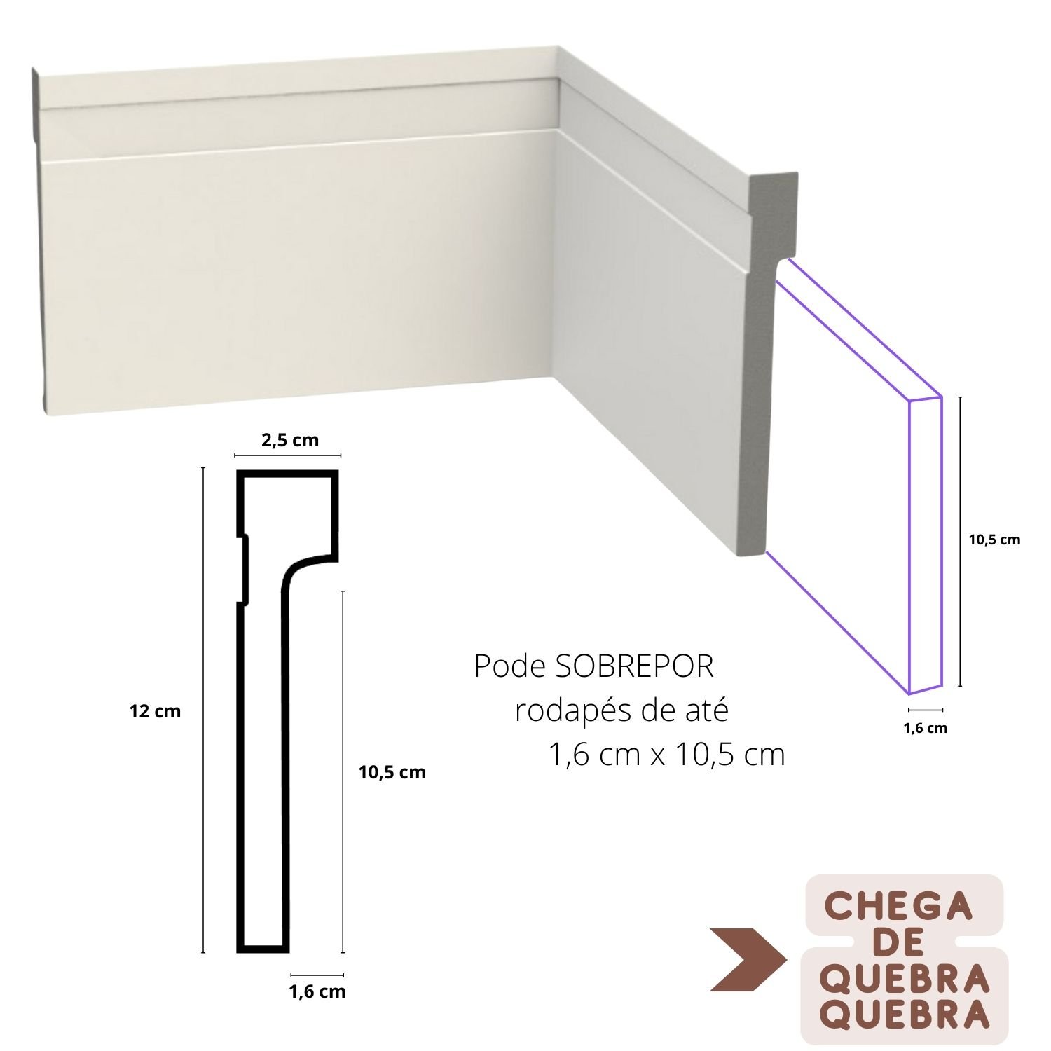 Rodapé Sobrepor Poliestireno 12 cm altura barra com 2 M - 5