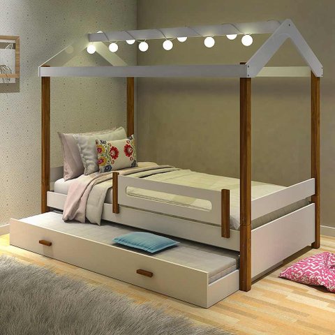 Bicama Infantil Montessoriana LED Elis Divaloto Branco e Mel Marrom